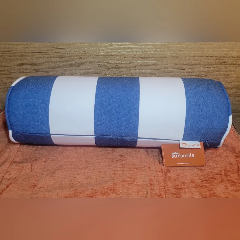 New Outdoor Sunbrella Neck Roll Bolster Pillow Water Resistant Blue & White